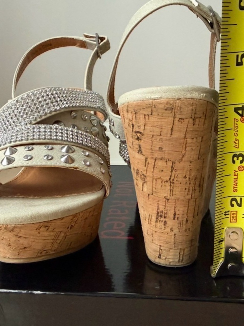 VENUS Silver Rhinestone & Stud Cork Platform Wedge Sandals - Picture 3 of 8